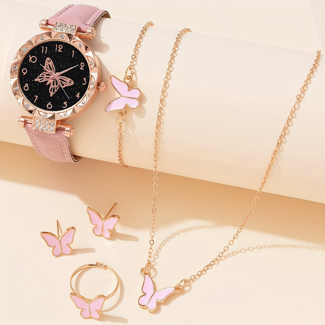 6pcs Lovely Pink Butterfly Shell Quartz Watch, Bracelet, Necklace & Earrings Set - Pointer Display, Electronic Quartz Movement, Non-Rechargeable Battery – Ideal Gift for Valentine’s Day, Easter & Eid al-Fitr – Best Pres